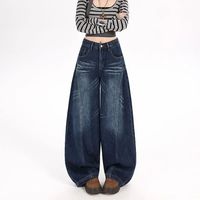 Harga Grosir Celana Jeans Wanita Anti-Kerut Warna Biru Tua Model Curved Knife Gaya Retro Amerika, Celana Jeans Wanita Model Wide Leg Panjang Sampai Kaki
