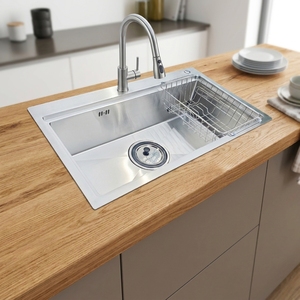Évier de cuisine artisanal en acier inoxydable 304, à cuve unique, finition brossée, à poser sur le comptoir, pour usage domestique, prix de gros - Product Image 1