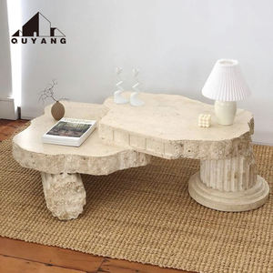QUYANG Décoration de salon de luxe moderne <span class=keywords><strong>Table</strong></span> <span class=keywords><strong>console</strong></span> d'affichage en pierre de travertin <span class=keywords><strong>Table</strong></span> d'appoint en marbre - Product Image 4