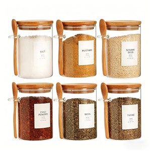 Bocaux de conservation en verre borosilicate avec cuillère et couvercle en bambou, empilables et hermétiques, pour épices, café, flocons d'avoine, herbes - Product Image 1
