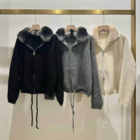 Pull en tricot à épaules tombantes avec cordon de serrage Jancoco pour femme, cardigan court en tricot épais avec col en fourrure de lapin Rex