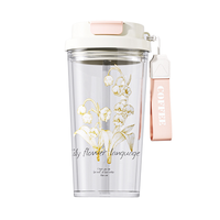 Gelas Plastik PC Transparan Custom Motif Bunga Grosir, Mug Kopi dengan Tutup dan Pegangan, Cuci Tangan Saja, Logo Warna Custom, Tahan Air Panas