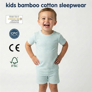 Ensemble de pyjamas pour enfants en coton de bambou OEKO-TEX personnalisé, pyjama d'été à carreaux pour tout-petits, manches courtes, col rond, pyjama pour garçons avec CPC FSC - Product Image 1