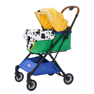 Chariot pliable pour animaux de compagnie JXB à 4 roues, écologique, en fer et lin, avec patchwork de couleurs contrastées, pour chiens et chats - Product Image 2