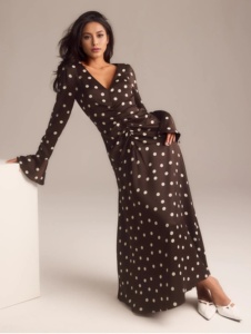 Elegante <span class=keywords><strong>Abito</strong></span> da Donna a <span class=keywords><strong>Pois</strong></span> con Scollo a V, Vita Alta, Maniche Lunghe e Decorazione con Bordo Plissettato in Tinta Unita - Product Image 2