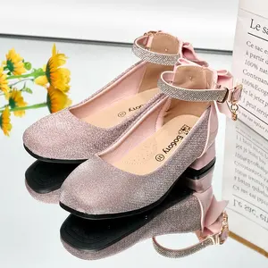 Custom Elegant New Glitter Children Girls Princess Leather Shoes Kids Rhinestone Party Dress Low Heel Shoes With Bow