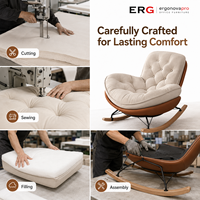 Fauteuil à bascule moderne Ergonovapro en cuir, design coquille nordique, capitonné, base en bois, mobilier léger pour la maison