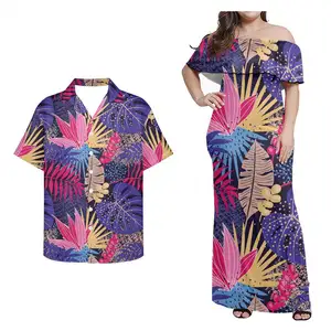 오프 숄더 Bodycon 드레스 블루 하와이 잎 디자인 사용자 정의 남성 Aloha 셔츠 인쇄 짧은 소매 매칭 커플 복장 2023