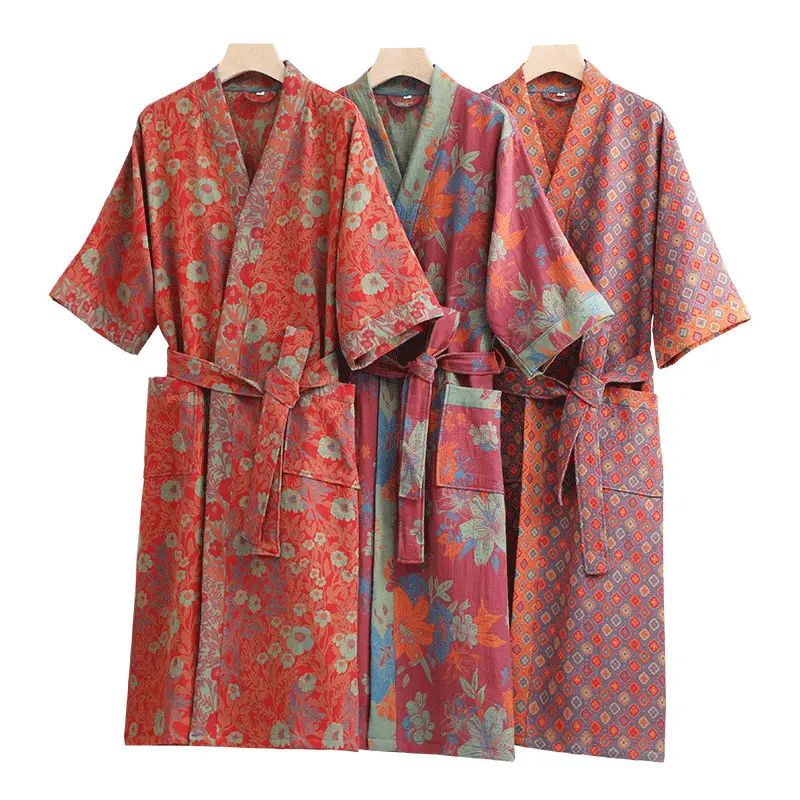 Robes de chambre pour femmes Vêtements de détente à imprimé vintage Pyjamas pour couples Double couche de peignoirs en coton