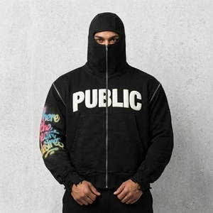 Sweat à capuche zippé pour homme en coton épais, coupe oversize, style streetwear, avec impression graffiti et effet vieilli, personnalisable OEM - Product Image 3