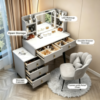 Bureau de toilette moderne du milieu du siècle en verre avec miroir éclairé et rangement, design en panneaux MDF pour chambre et appartement