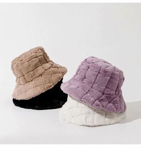 Wholesale in Stock <b>Purple</b> Fuzzy Bucket <b>Hat</b> Checkered Pattern Women Winter <b>Hats</b> Plush Fur Bucket <b>Hat</b> - Product Image 5
