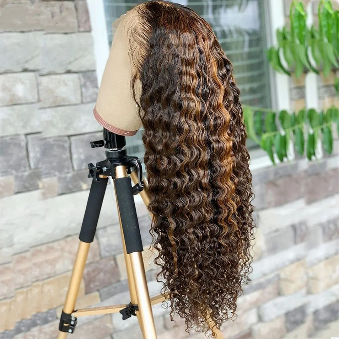 24-дюймовые 100% Человеческие волосы Remy высшего качества коричневого цвета хайлайтер глубокие вьющиеся 13*4 прозрачные кружевные передние парики в наличии