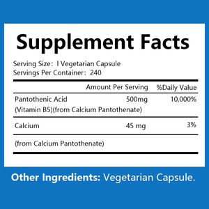 Cápsulas de Ácido Pantoténico con 45mg de Calcio, Precio al por Mayor, Suplemento para Apoyo Energético Celular y Salud General - Product Image 4