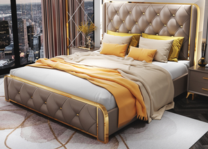 Testiere trapuntate con <span class=keywords><strong>letto</strong></span> di lusso con struttura in acciaio inossidabile dorato per letti singoli in pelle king size con <span class=keywords><strong>letto</strong></span> <span class=keywords><strong>matrimoniale</strong></span> - Product Image 4