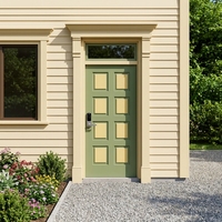 American-style solid wood front doors featuring a multi-panel design are available in mahogany, teak, or other wood options.
