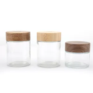 Dry Flower Storage Child Resistant Walnut Lid Jar Bamboo Glass Jar Round Glass Jar With Acacia Wood Lid