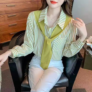 Camisa a Rayas Verde con Chal, Estilo Coreano, Holgada, de Manga Larga, para Mujer, Nueva Colección de Otoño - Product Image 6