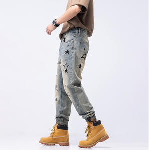 Jeans en denim délavé rétro de rue de printemps avec logo personnalisé pour hommes <span class=keywords><strong>jean</strong></span> droit imprimé d'étoiles - Product Image 3