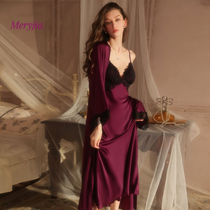 Femmes été <span class=keywords><strong>Satin</strong></span> vêtements de nuit doux soyeux <span class=keywords><strong>Satin</strong></span> profond V avec soutien-gorge coussinets dentelle longue chemise de nuit <span class=keywords><strong>Kimono</strong></span> Robe 5620 - Product Image 1
