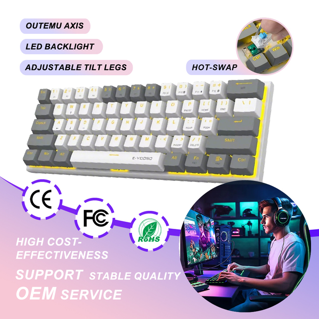 Hot Sale Mini Wired Mechanical Keyboard 61 Keys LED Backlit Ergonomic USB Type-C Programmable Waterproof Gaming Keyboard