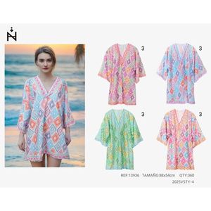 Camisa de playa de manga corta con estampado de diamantes, 88x54 cm, cuello en V, top de baño tipo pareo - Product Image 1