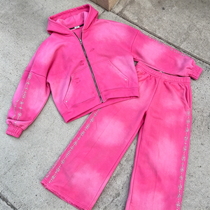 Conjunto de chándal para <span class=keywords><strong>hombre</strong></span> con lavado ácido, estilo vintage, con cremallera, sudadera con capucha de pedrería y pantalones de chándal - Product Image 3