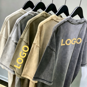 Camiseta de punto 100% algodón de 275GSM, estilo urbano de marca, efecto envejecido retro de primavera, corte holgado, cuello pequeño, diseño liso. - Product Image 1