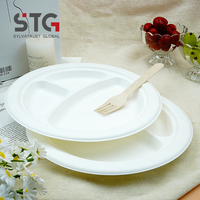 Assiette ronde en bagasse de 9 pouces à 3 compartiments, en fibre naturelle, à base de plantes, pour restaurant, approuvée par la FDA, sans danger pour le contact alimentaire