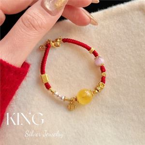 Pulsera de cuerda roja con piedra de ámbar y cuentas de oro de King Silver Jewelry, regalo de joyería de moda para mujer - Product Image 2