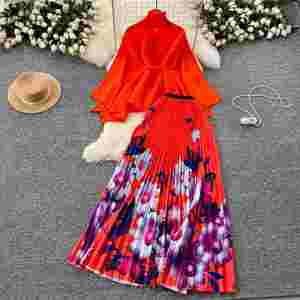 Conjuntos Casuales Holgados para Mujer, Blusa Tipo Túnica con Mangas Murciélago y Falda Plisada Estampada de Cintura Alta, Ropa Americana - Product Image 4