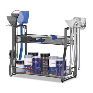 Étagère de rangement pour accessoires d'aquarium, 2 niveaux, en métal noir, pour outils et nourriture pour poissons - Product Image 5