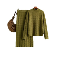 Ensemble jupe et pull en tricot texturé élégant pour femmes, pull ample à col montant à manches longues, jupe midi, ensemble deux pièces
