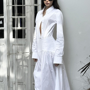 Abito a camicia lunga da donna con bottone a manica lunga in cotone bianco Maxi 2025 estivo da donna - Product Image 2