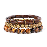 Großhandel Trendiges Herren-Armband-Set Stapelbare Naturstein-Holzfassperlen 8mm Tigerauge Goldakzent 19cm für Männer