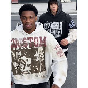 Sweat à capuche pour homme, coupe ample, blanc, impression numérique personnalisée OEM, streetwear, 400 GSM, effet vieilli - Product Image 2