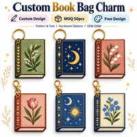 Breloque de sac brodée personnalisée en forme de livre, motif floral, lune et étoile, pour sacs à main, sacs à dos, sacs fourre-tout, cadeaux pour les amoureux des livres
