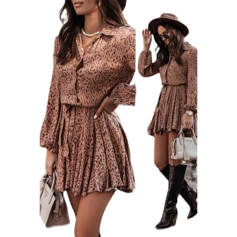 2022 Long Sleeve Mini Dress Floral Print Women Casual Dress Leopard Shirt Vestidos