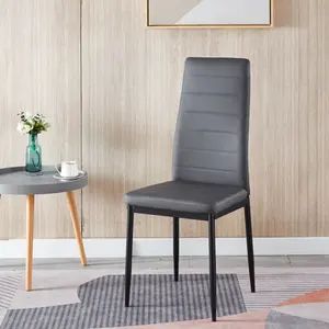 Cheap Price Dining Room Furniture Modern High Back Dining Chair PU Leather Upholstered Seat With Line Black Metal Legs