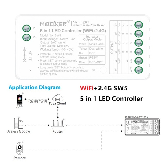 WiFi APP 2.4G Remote SW5 5 in 1 LED Controller Dimming Dual Mode RGB RGBW Tape Lamp Light Strip Smart Led Controller DC12-24V