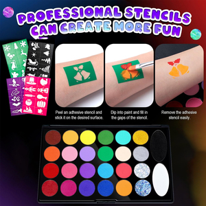 Kit Completo di Colori per Viso e Corpo in Confezione Convenienza |   26 colori (opachi/glitterati) |   Con stencil e pennelli |   Certificato CE per la Vendita all'Ingrosso - Product Image 3