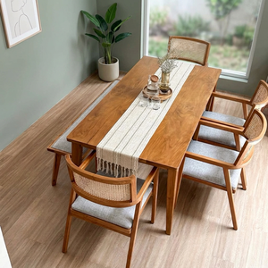 Durable Solid Teak Wood <b>Dining</b> <b>Table</b> and Rattan Bench <b>Set</b> Modern <b>Rustic</b> Style Home Furniture - Product Image 2