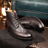 Bottes pour hommes en cuir synthétique doublées polaire à la cheville, bout carré, semelle épaisse, fermeture éclair latérale en cuir véritable, style rétro, toutes saisons