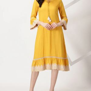 Vestido de Lino y Algodón para Mujer, Cuello en V, Casual, Corte en A, Mangas Abullonadas, Midi, Verano, Bordado - Product Image 2