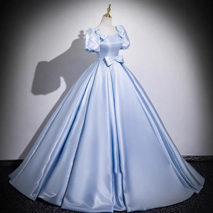 Sky Blue Satin Ball Gown Square Neck Empire Waist Long Evening Dress For Women Art Exam Choir Performance Hosting - Product Image 3