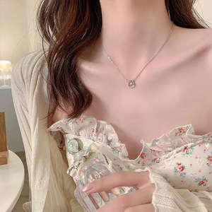 Double Ring Zircon Necklace For Women Circle Geometric Design Bezel Setting Party Clavicle Chain Accessory - Product Image 4