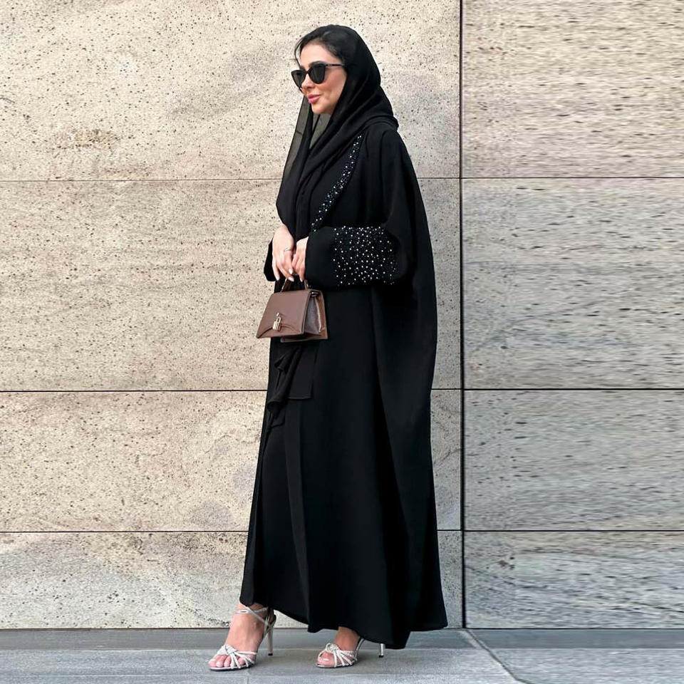 Arab Robe Design M-189 Newly Arrived Arab Dubai Black Abaya with Beaded Cardigan Open ...
