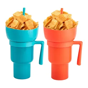 Popular plástico aperitivos y 2 en 1 taza de bebida con pajita para Cine Soporte de vaso para palomitas de maíz soporte de bebida personalizado