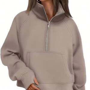 Sweat-shirt pour femme en molleton French Terry beige uni, respirant, brodé, style Hip Hop, coupe régulière, manches longues, avec demi-fermeture éclair sur le devant - Product Image 1