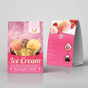 Özelleştirilmiş baskılı restoran dondurma Stand Up masa masa yemek menüsü kağıt çadır ekran kartı